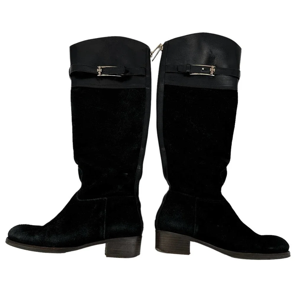 Tory Burch Womens Suede Leather Tall Riding Boot Round Toe Zipper Black Size 6